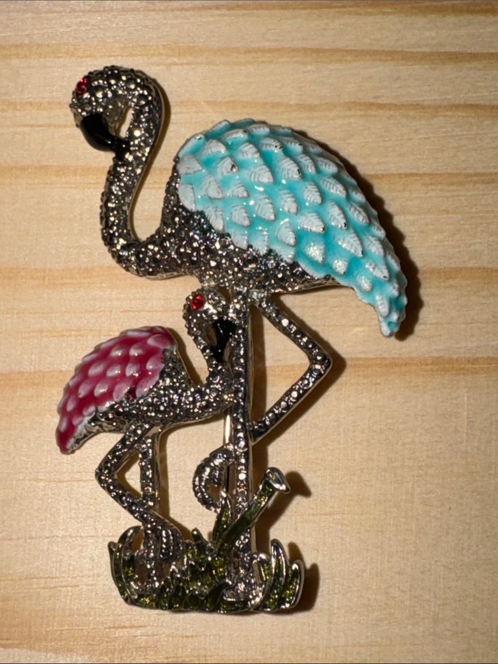 Enamel Flamingo Brooch Pair - Blue & Pink Accents